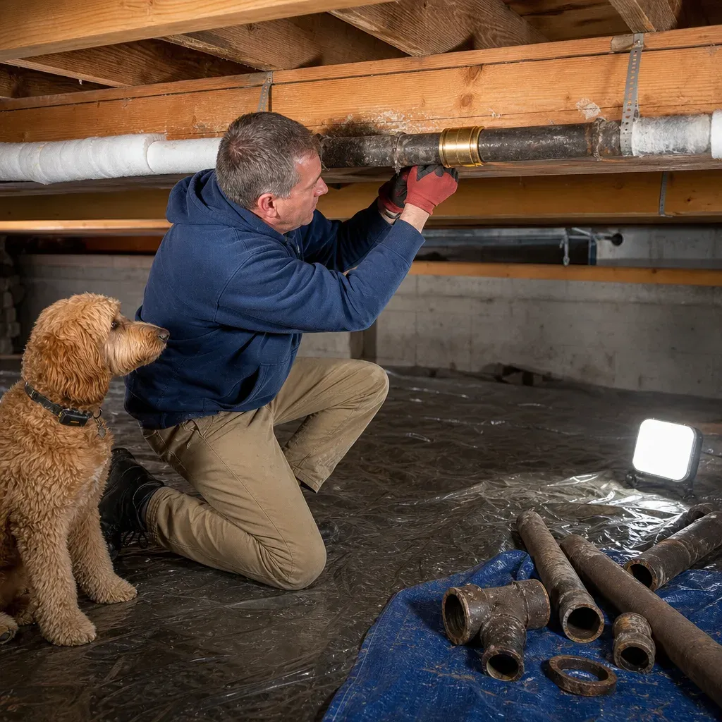 Repaired pipe with new coupling in dry Troutdale crawlspace after leak fix