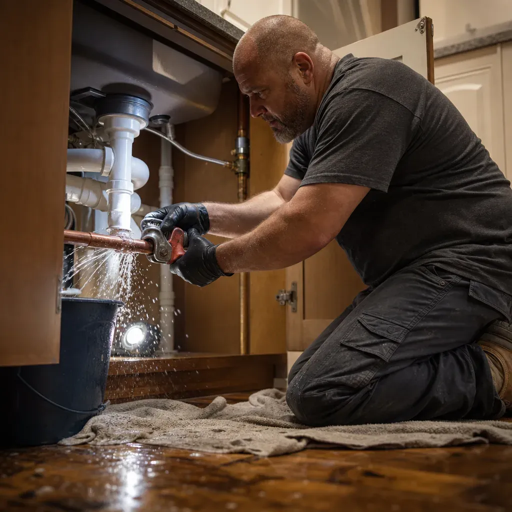 Plumber repairing a burst copper pipe under a kitchen sink in Troutdale