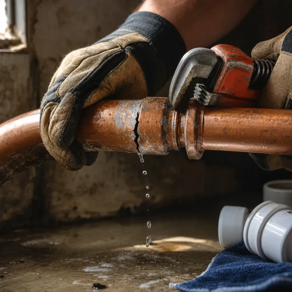 Close-up of a corroded burst copper pipe being repaired in a Troutdale basement