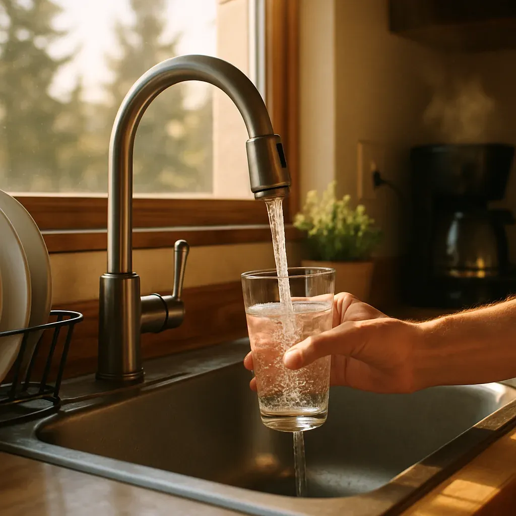 clean-filtered-tap-water-kitchen-sandy Homeowner filling glass with clean filtered water after installation in Sandy home