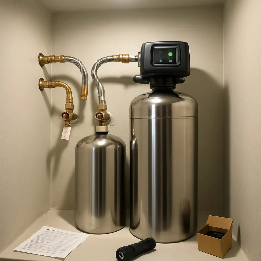 completed-whole-house-water-filtration-system-sandy Completed whole-house water filtration system installed in Sandy home utility closet