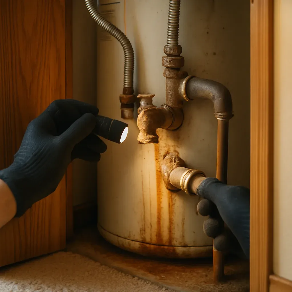 Corroded water heater valve inspected in Sandy Public Library area home closet