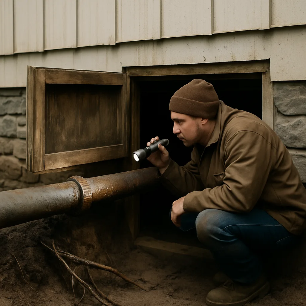Plumber inspecting root-damaged sewer pipe under crawl space near Salmon Creek Park Sandy