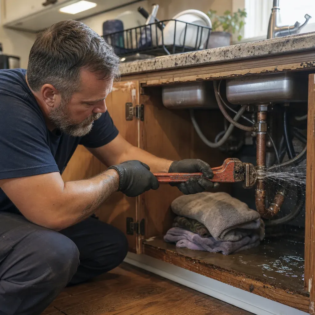 Plumber repairing a burst copper pipe during emergency plumbing repair in Troutdale home