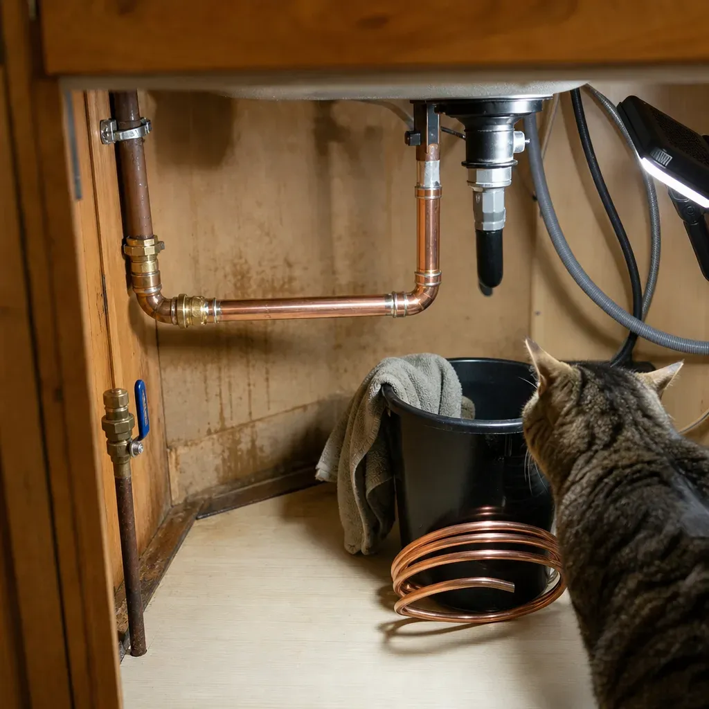 Repaired copper pipe joint after emergency plumbing repair completed in Troutdale kitchen