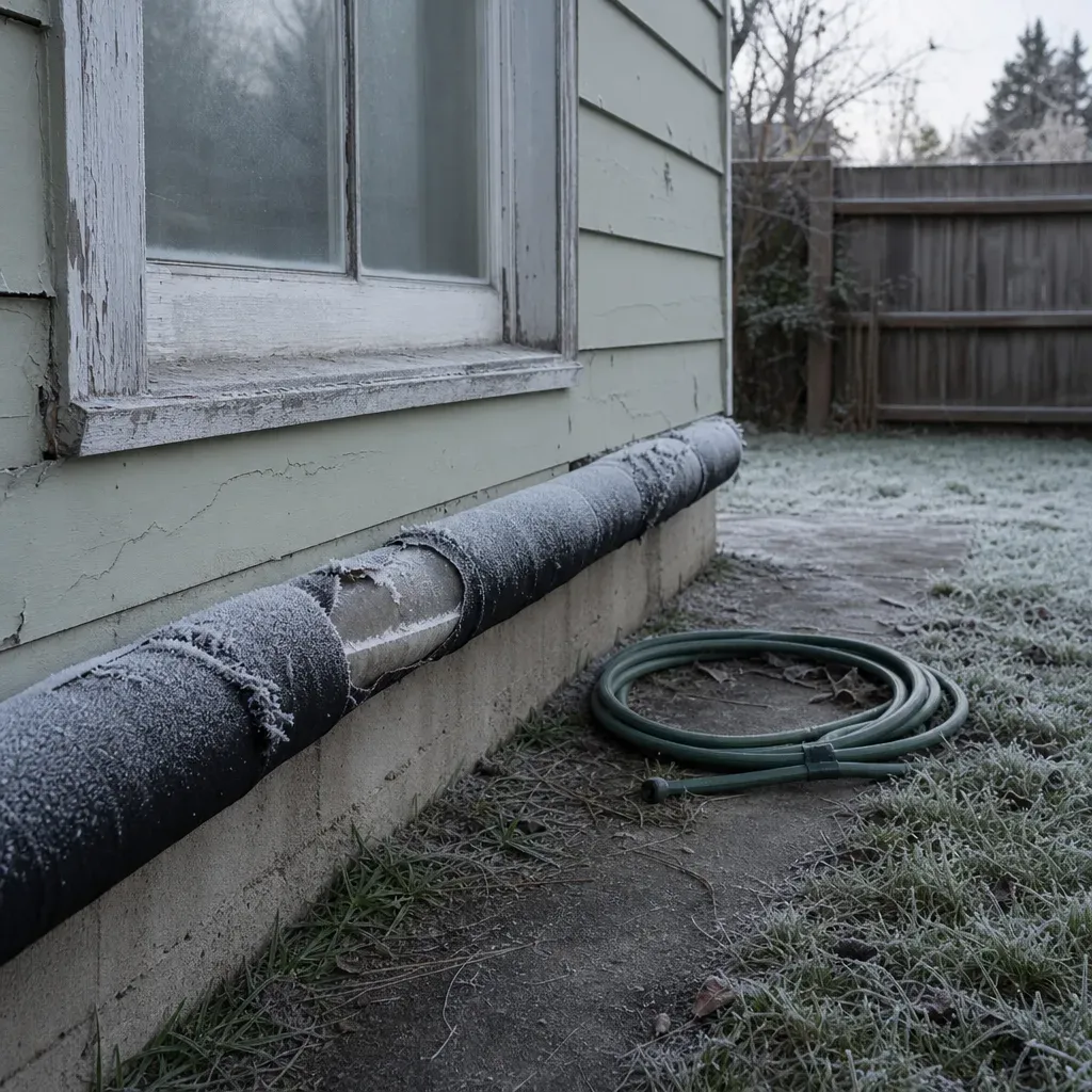 Frozen exterior pipe with frost damage before emergency plumbing repair in older Troutdale home