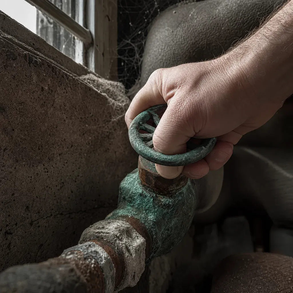 Hand turning corroded shut-off valve during emergency plumbing repair in Troutdale basement