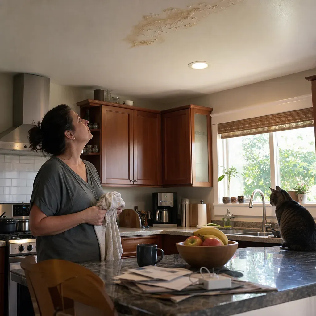 Homeowner spotting ceiling water stain sign of hidden leak in Troutdale home