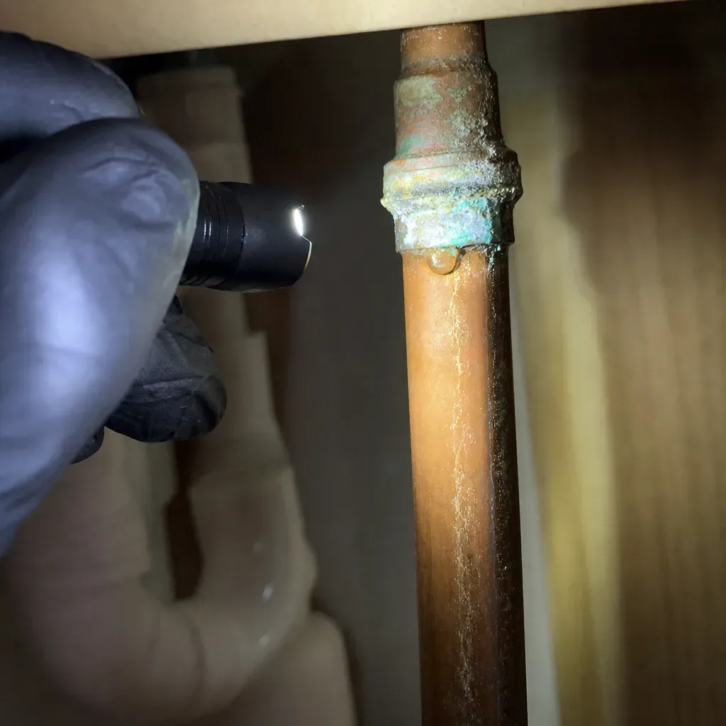 hidden-leak-signs-corroded-pipe-joint-troutdale Close-up of corroded pipe joint showing hidden leak signs in Troutdale bathroom