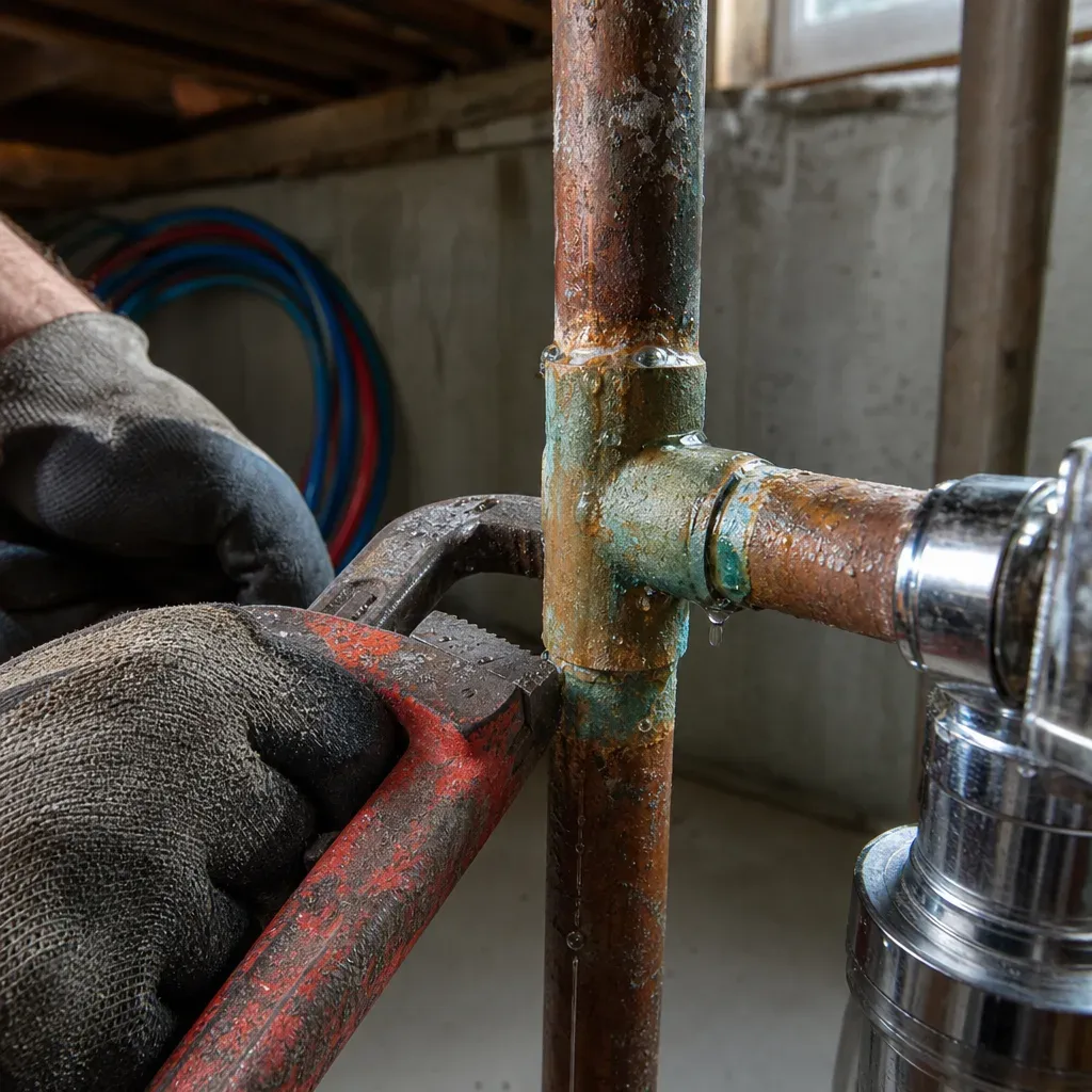 Close-up of corroded pipe joint being repaired for hidden water leak in Troutdale