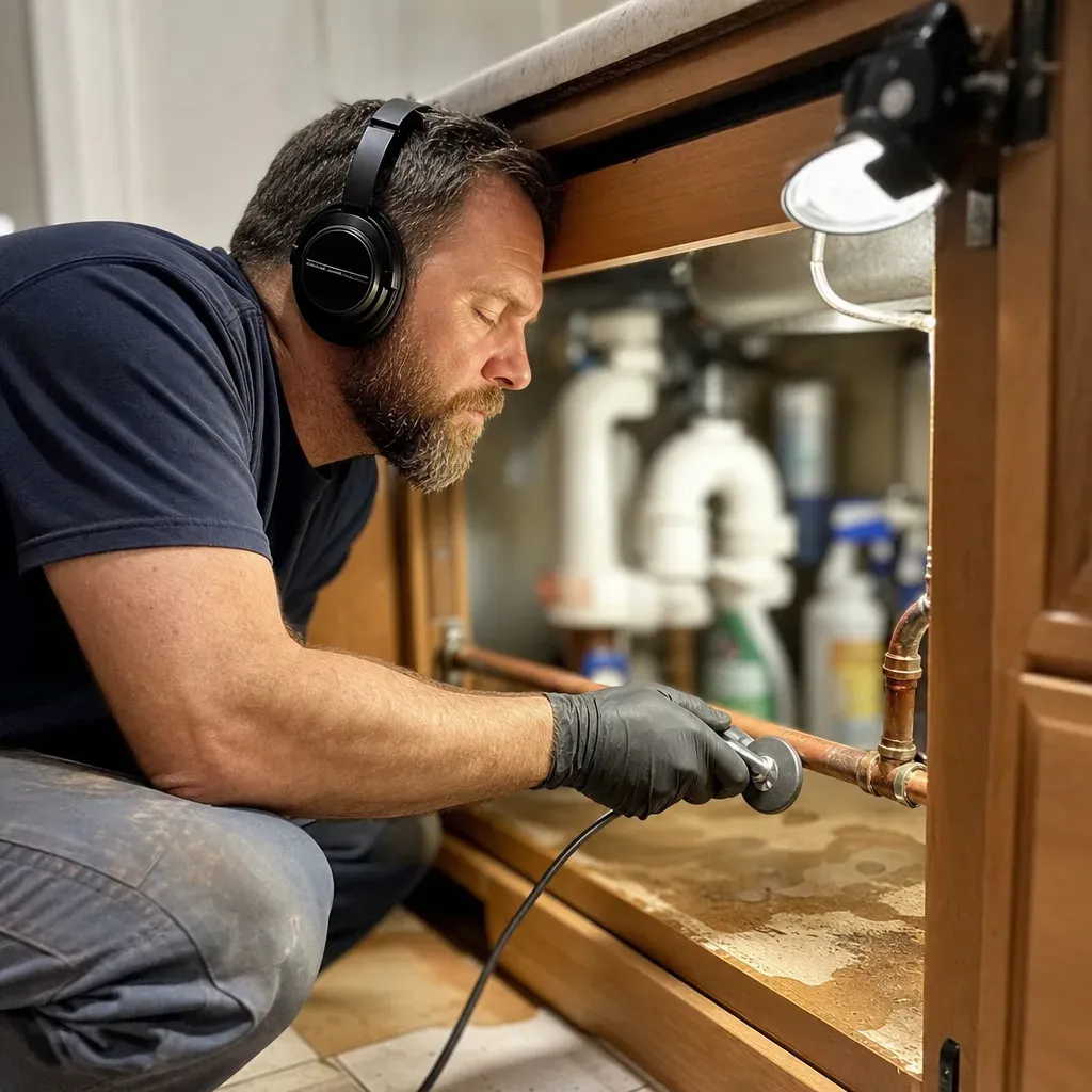 leak-detection-copper-pipe-acoustic-tool-troutdale Plumber using acoustic leak detection equipment on kitchen pipes in Troutdale home