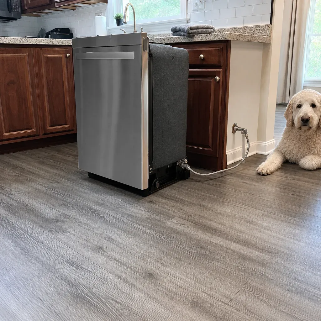 leak-repair-result-dry-kitchen-floor-troutdale Dry kitchen flooring after repaired water leak near dishwasher in Troutdale