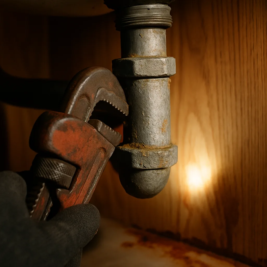 Plumber repairing corroded galvanized pipe under sink in older Knollwood Park Sandy home