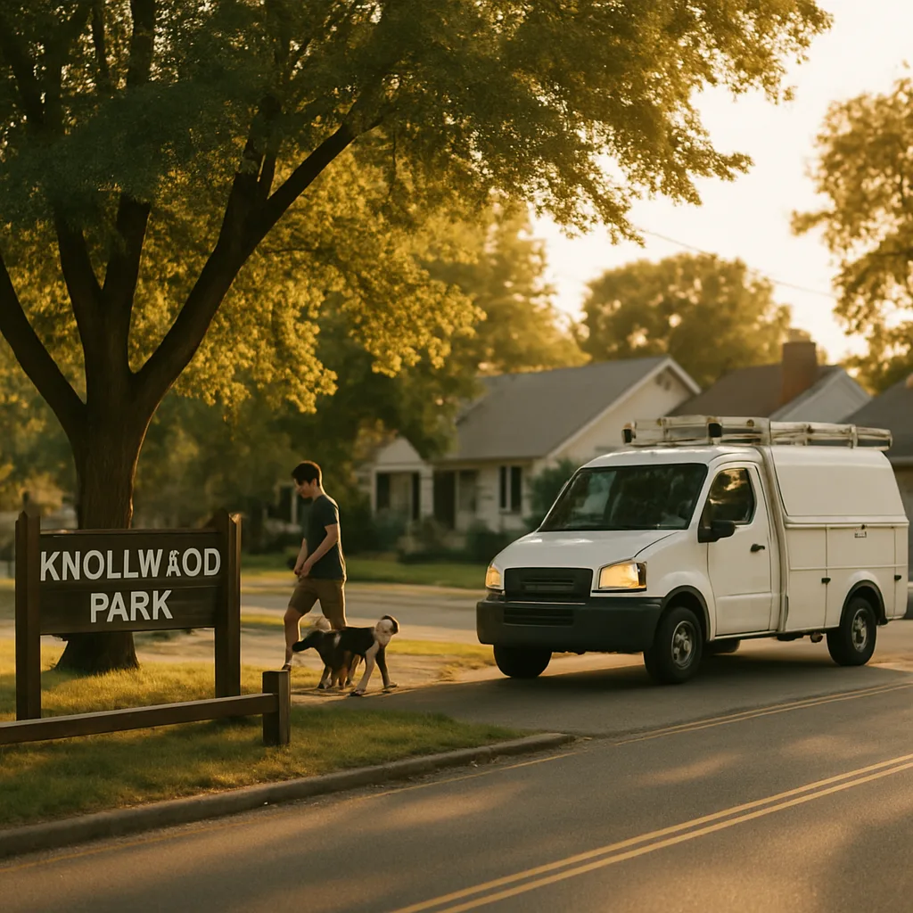 Plumbing truck driving past Knollwood Park entrance in residential Sandy neighborhood
