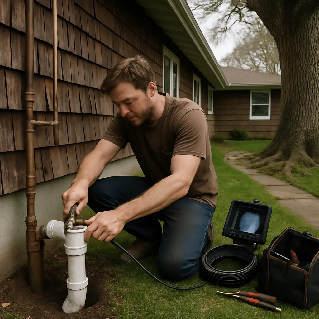 Plumber repairing sewer line near tree roots at older home near Knollwood Park Sandy