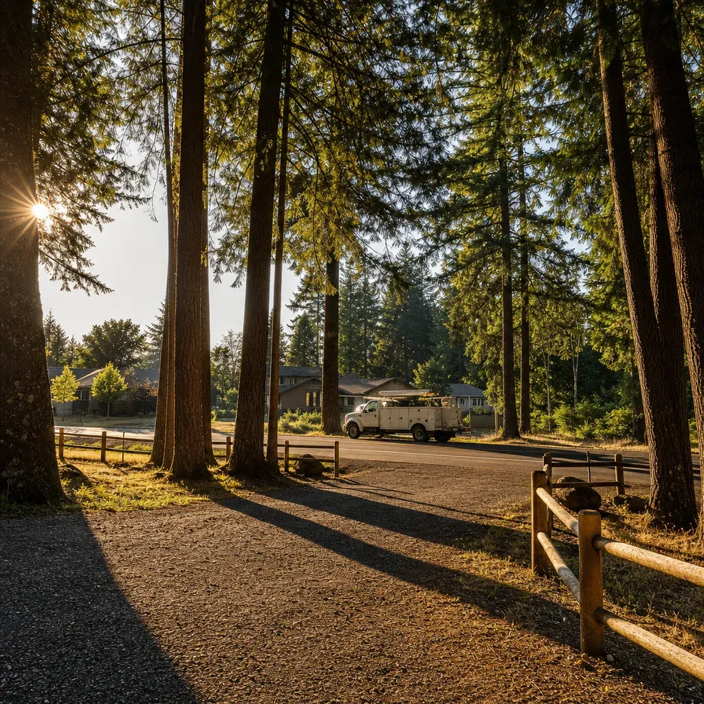 Plumbing truck passing Latourette Park entrance in Sandy, Oregon at golden hour