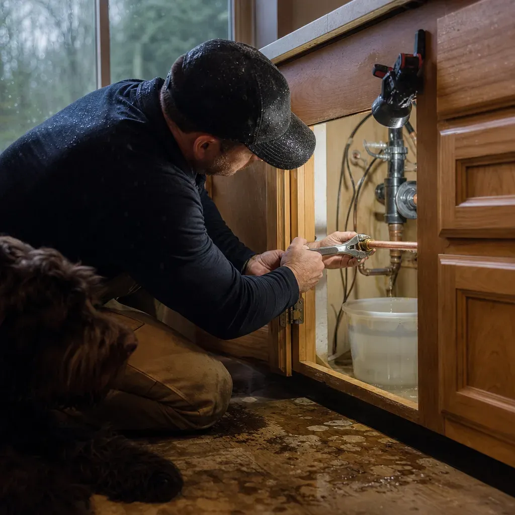 Plumber repairing leaking copper pipe under kitchen sink in Troutdale home