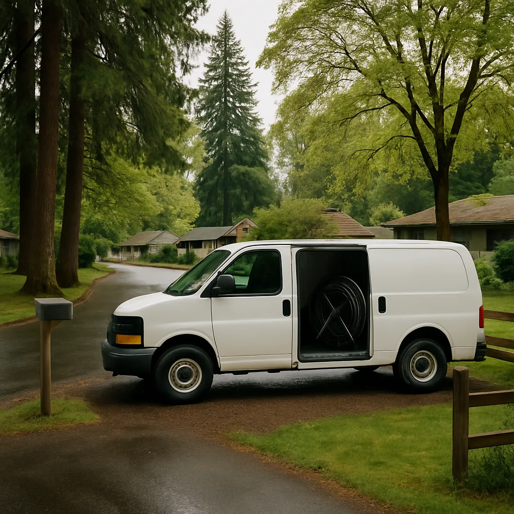 Plumbing van parked near Salmon Creek Park homes in Sandy for sewer line service call