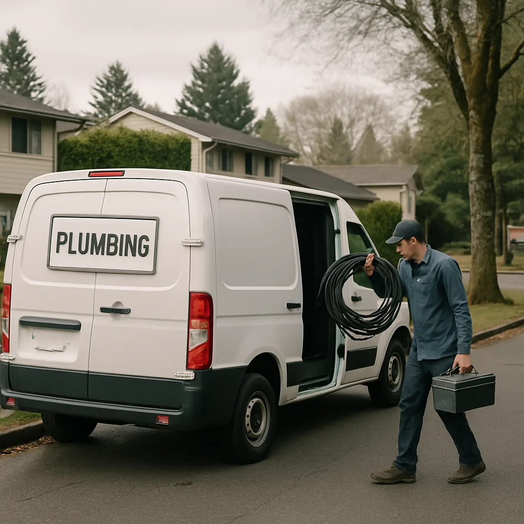Plumbing van parked near Sandy Bluff Park before sewer repair call
