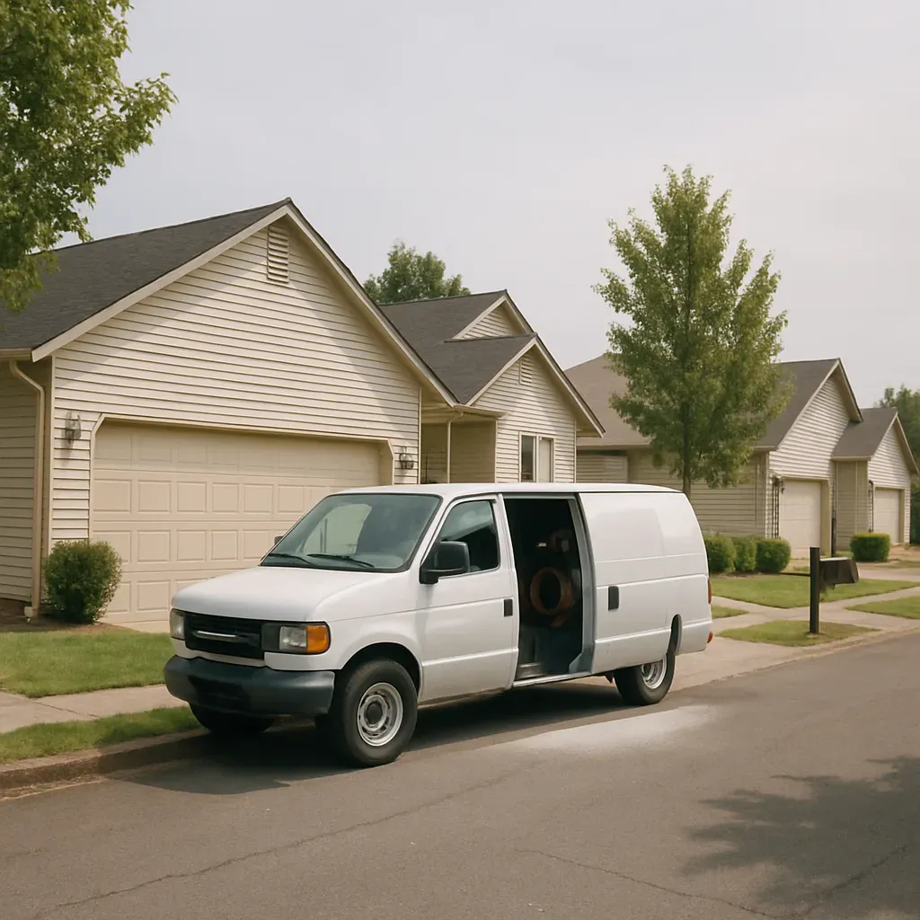 Plumbing van parked near homes close to Sandy Public Library for water heater service