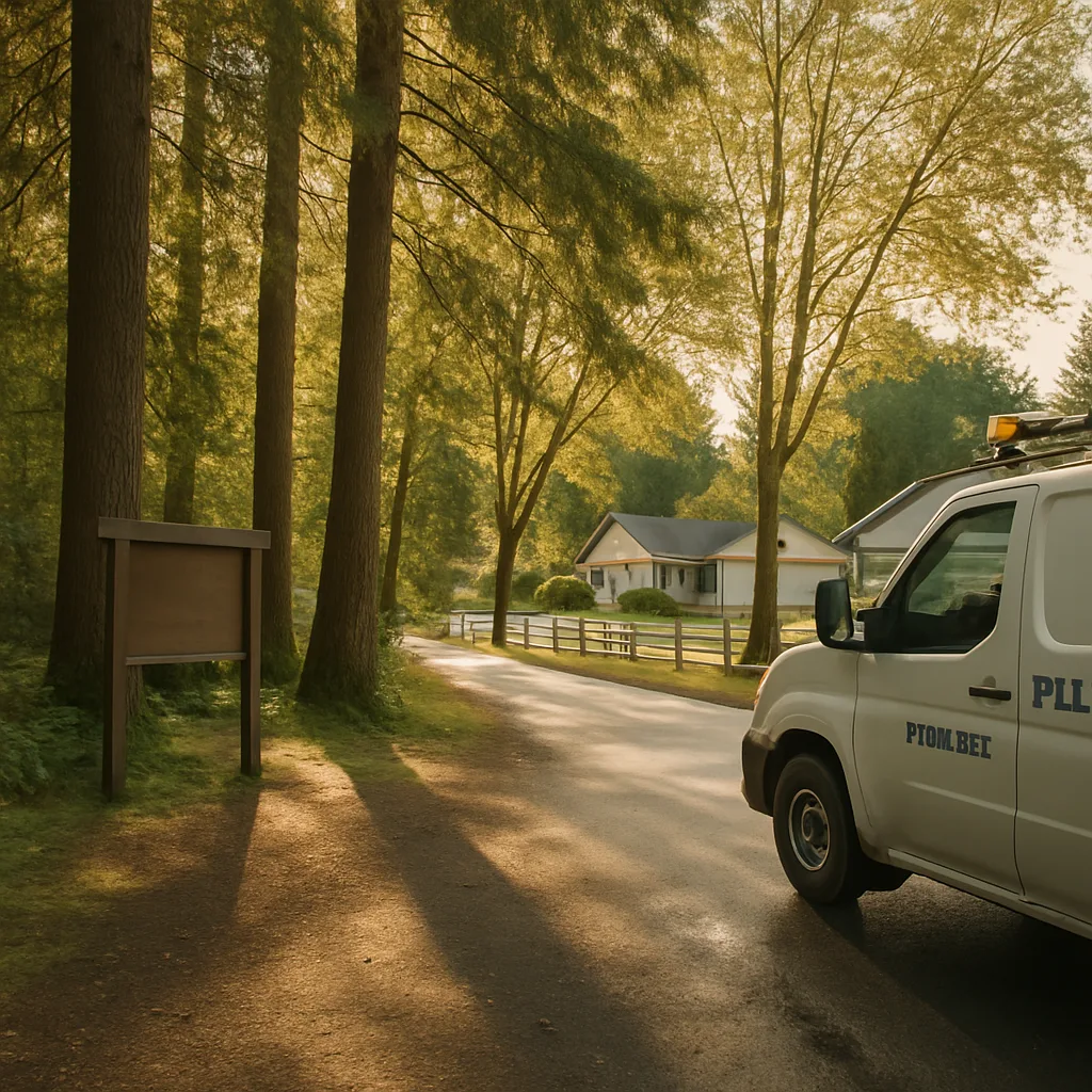 Plumbing truck driving past Salmon Creek Park entrance in Sandy Oregon neighborhood