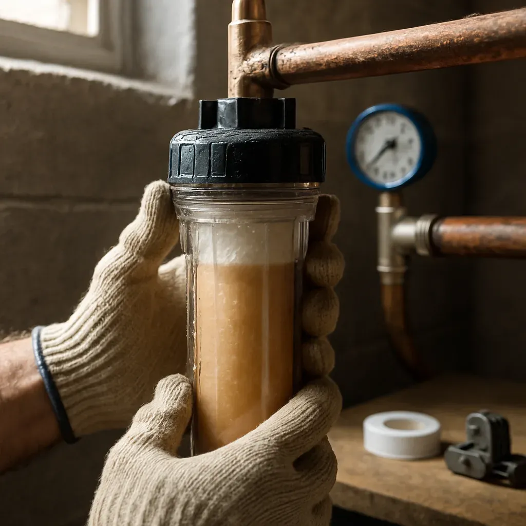 sediment-filter-cartridge-closeup-water-filtration-sandy Close-up of sediment filter cartridge during water filtration installation in Sandy home