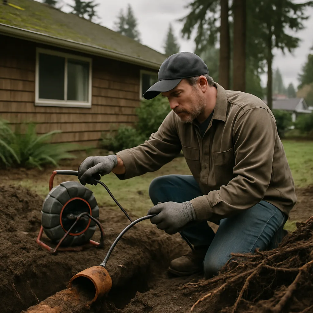 sewer-line-repair-sandy-bluff-park-ranch-home Plumber repairing root-damaged sewer line near Sandy Bluff Park home