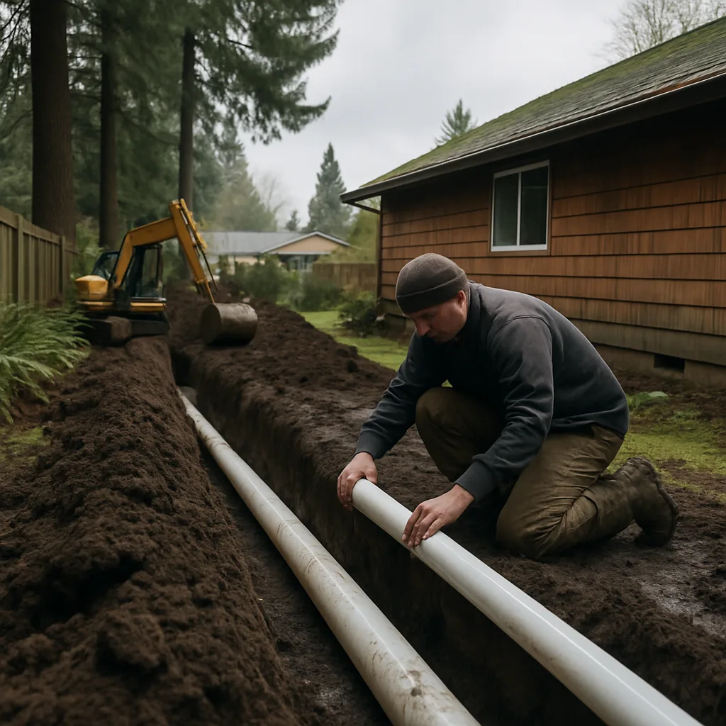 Plumber replacing sewer line in trench at Sandy Oregon ranch home near Salmon Creek Park