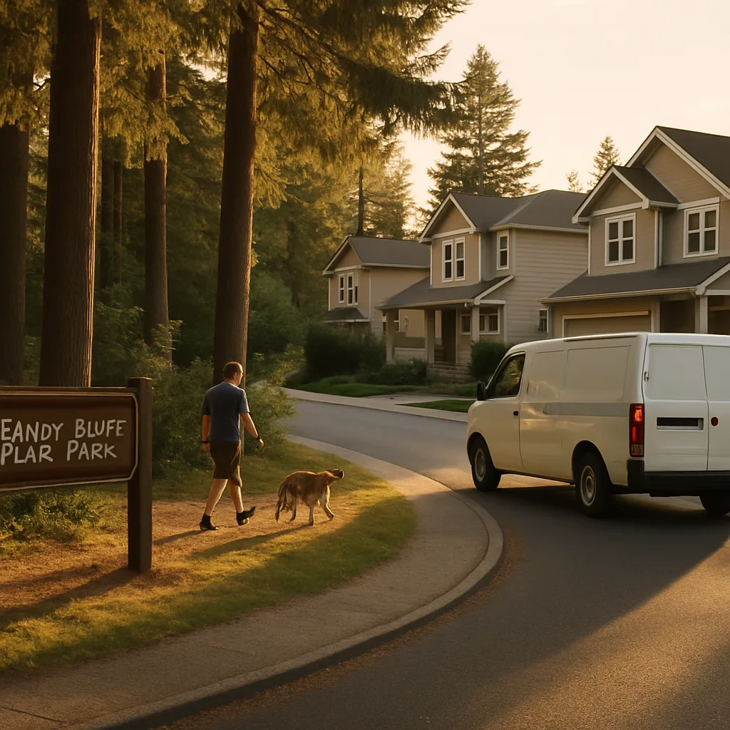 sewer-repair-service-route-sandy-bluff-park-entrance Service van passing Sandy Bluff Park during sewer repair route