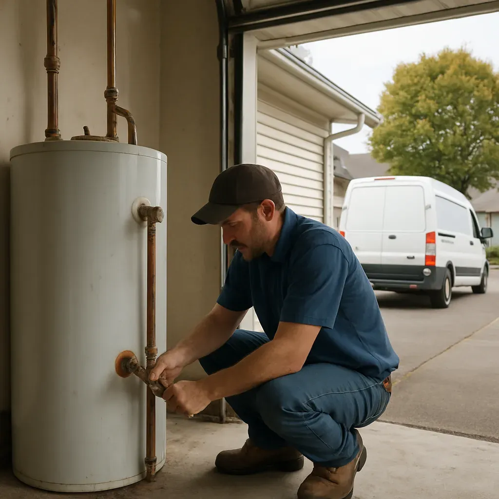 Plumber repairing water heater in garage near Sandy Public Library neighborhood home