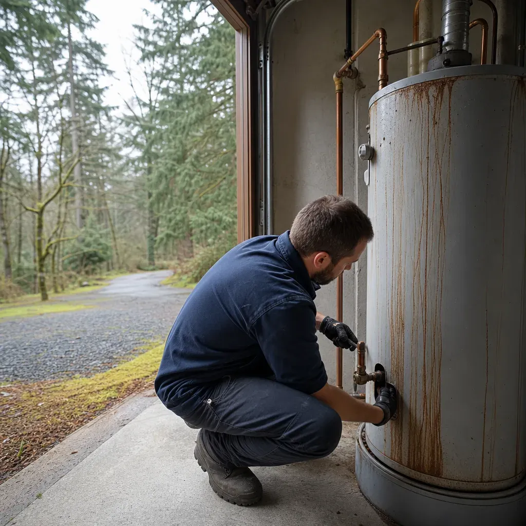Plumber replacing mineral-stained water heater near Latourette Park in Sandy, Oregon home