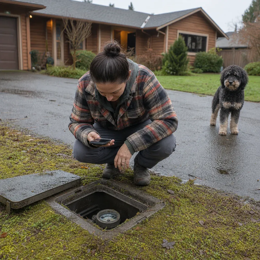 water-meter-check-hidden-leak-sign-troutdale Homeowner checking water meter for signs of hidden leak in Troutdale