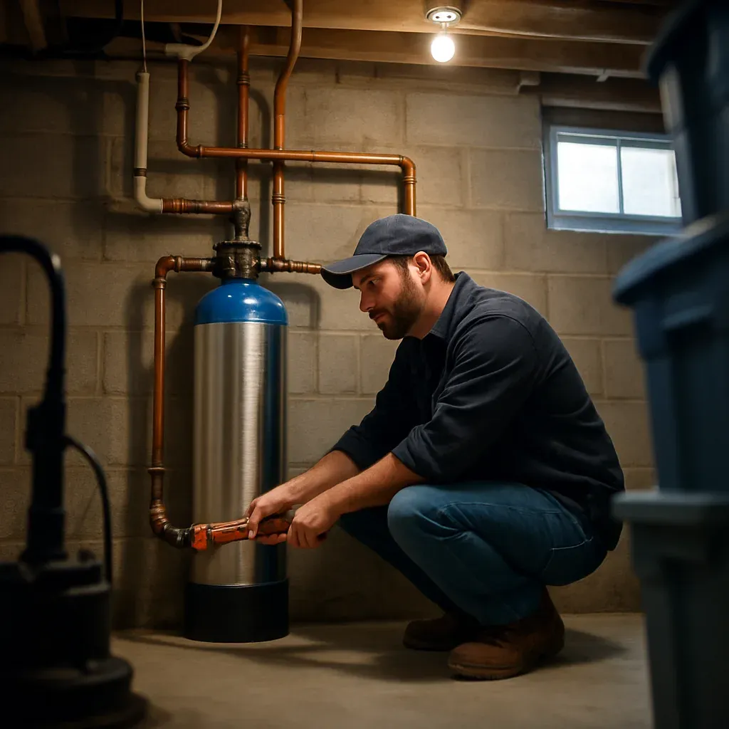 whole-house-water-filtration-installation-main-line-sandy Plumber installing whole-house water filtration system on home main line in Sandy